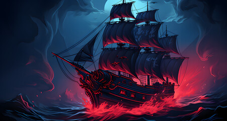 a pirate ship is sailing across the water - Powered by Adobe