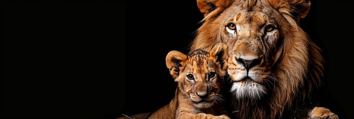 Fototapeta premium Male lion and cub portrait with empty space on the left for text, object on the right side