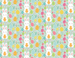 Delightful Easter seamless pattern featuring adorable white rabbits and a colorful assortment of eggs