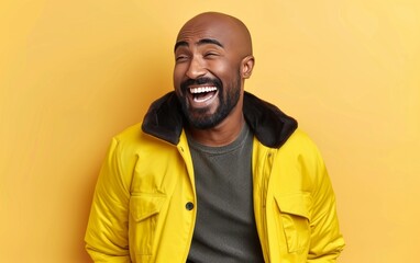A man with a bald head is smiling and laughing while wearing a yellow jacket