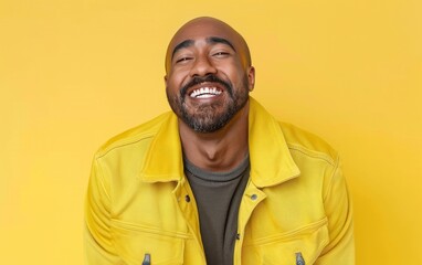 Obraz premium A man with a beard is smiling and laughing while wearing a yellow jacket