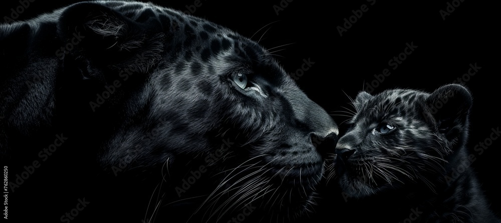 Poster panther and cub portrait with space for text on left side and object on the right