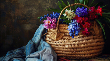 Beautiful straw bag with seasonal flowers of hyacinth and carnation blossom