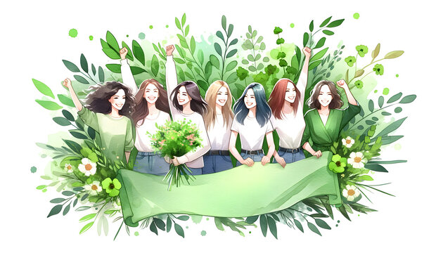 Happy group of women celebrating International Women's Day in watercolor style, with green hues.