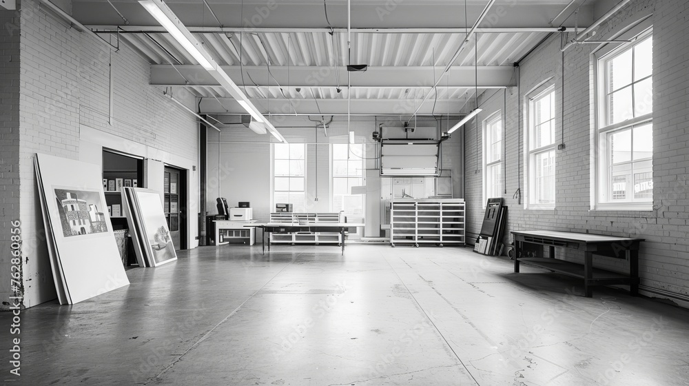 Poster monochrome image of a spacious and clean print shop with modern design