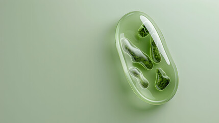 Green bacteria in a petri dish on a pale green background. Laboratory testing and microbiology concept. Design for scientific research, educational content, and healthcare presentations.