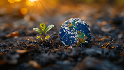 plant sprout next to planet earth representing an ecology concept world earth day