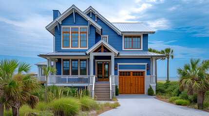 Beach house - blue with brown trim - stylish design - vacation - getaway - holiday  - obrazy, fototapety, plakaty