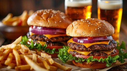Juicy burgers with sesame buns served with fries and beer