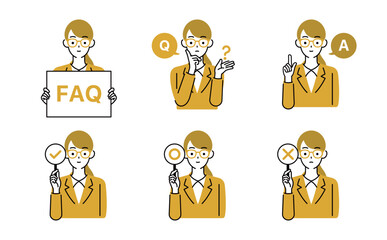 【 使いやすい 】FAQ・女性・上半身ポーズ・イラスト素材
