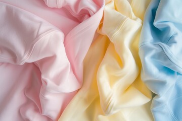 A close up of three different colored fabrics in pink, yellow, and electric blue. The fabrics...