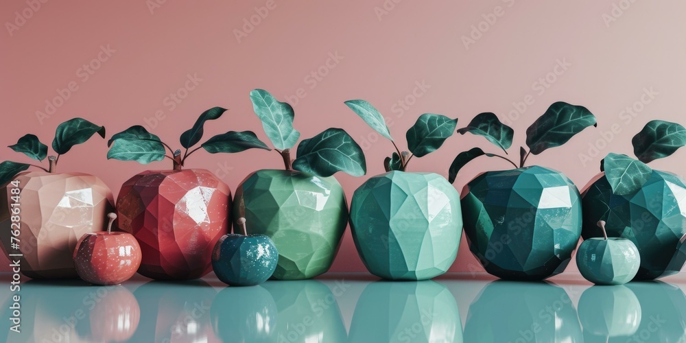 Poster a row of colorful vases with leaves on them. generative ai.
