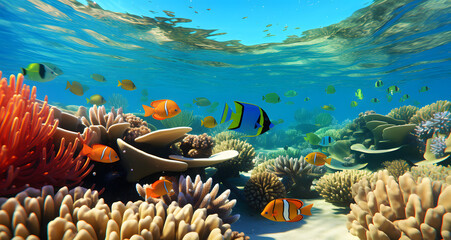 a colorful ocean scene with an underwater view