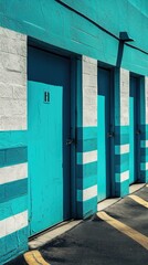A parking lot with a row of blue and white doors. Generative AI.