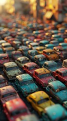 A large collection of old cars in a parking lot. Generative AI.