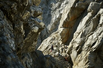 A man climbing up a rocky mountain. Generative AI.