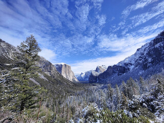Winter's Majesty from Tunnel View: A Panoramic Vista of Snow-Clad Yosemite Mountain in the National Park of the United States