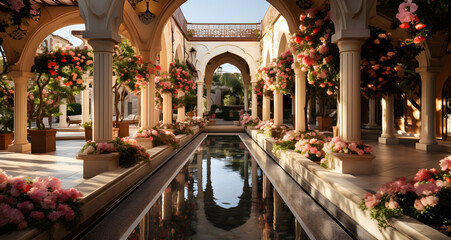 a courtyard with an arched arch over water and pink flowers - obrazy, fototapety, plakaty