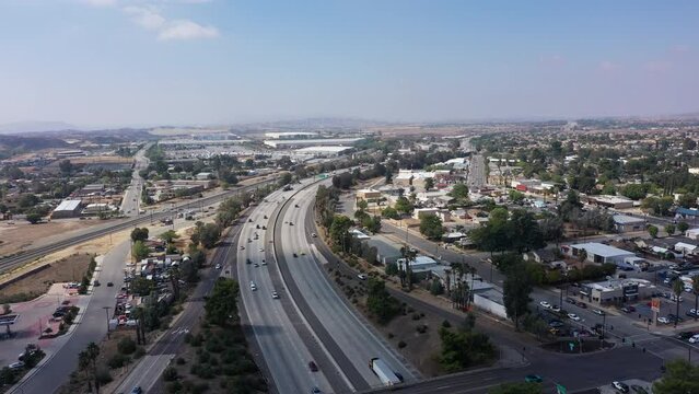 Aerial view of the 10 freeway through downtown Beaumont, California, USA.