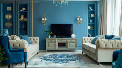 Living room interior in classic Mediterranean style with a beige sofa and two blue armchairs and...