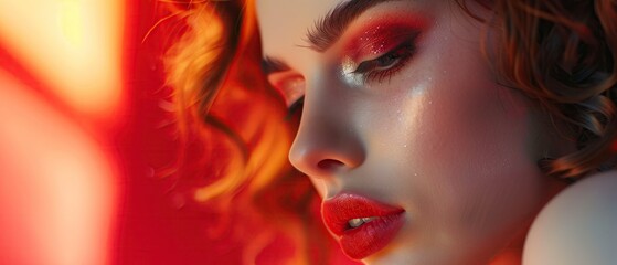 Fototapeta premium Fiery Beauty, portrait, woman, red, eyeshadow, glitter, close-up, intense, makeup, vibrant, warm, aesthetic, fashion, face, glowing, skin, cosmetics, shimmer, fiery, artistic, lips, elegance, bold
