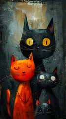 An art piece depicting three small to mediumsized cats with yellow eyes standing next to each other, with whiskers and orange fur, in front of a window