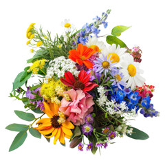 Flower arrangement with fresh flowers with colorful blooms and vibrant greenery isolated on transparent background. A bouquet of fresh flowers cutout PNG