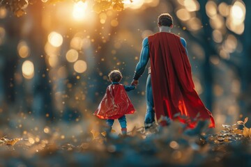 Superhero dentist with cape walking with a child in nature - obrazy, fototapety, plakaty