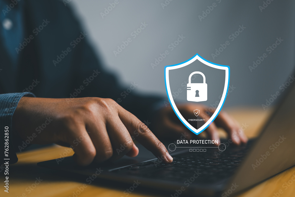 Poster Cybersecurity data protection, businessman with security icons connecting to application ecosystem, protection from hacker, crime, identification and authentication, checkmark, padlock.