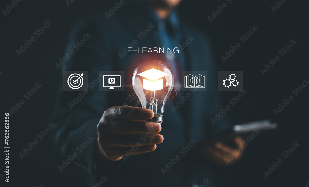 Leinwandbilder E-learning graduate certificate program concept. Man use computer laptop for online study, Internet education course degree, study knowledge to creative thinking idea and problem-solving solution