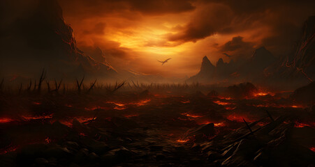 a beautiful landscape with orange fire and flames flowing from mountains