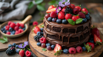 A decadent chocolate cake frosted with swirls of creamy ganache and topped with a generous sprinkling of fresh berries and edible flowers.