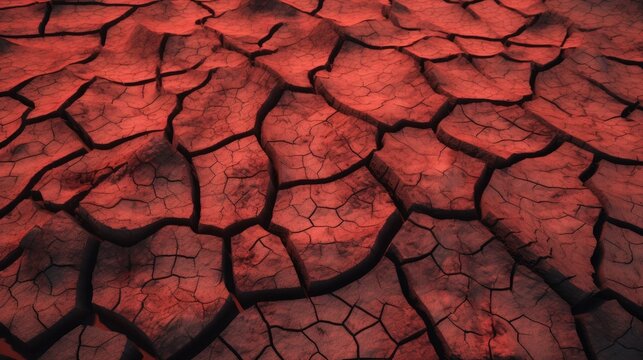 Red cracked ground texture after eruption volcano background