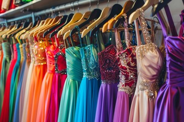 Colorful dresses on hangers in a store display