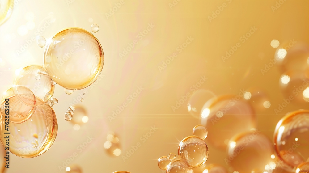 Wall mural Oil bubbles collagen skin serum on gold yellow background. concept skin care cosmetics.