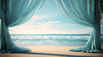Fototapeta na wymiar The product podium scene adopts soft light-colored tulle curtains