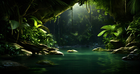 a river with trees and rocks in a jungle - Powered by Adobe