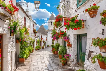 Store enrouleur Ruelle étroite Narrow street white walls flowerpots Greece