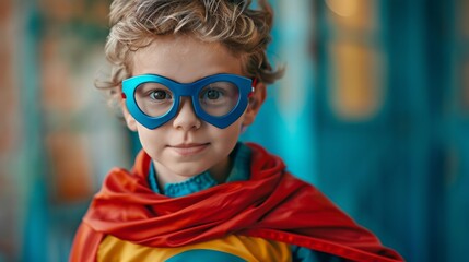 Young child in superhero costume with bright red cape imagining adventure - obrazy, fototapety, plakaty