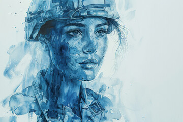 Blue watercolor painting of a military personnel, army woman - obrazy, fototapety, plakaty