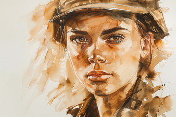Brown watercolor painting of a military personnel, army woman
