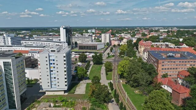 Aerial drone view of Cottbus City Hall ( Stadthalle Cottbus ) , Germany