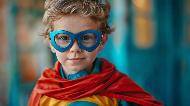 Young child in superhero costume with bright red cape imagining adventure