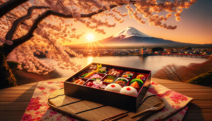 Serene Sunset with Bento Box under Cherry Blossoms