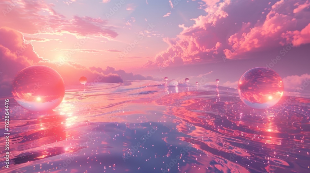 Poster a hazy pastelcolored landscape stretches out into infinity dotted with floating spheres and twisting