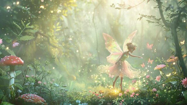 digital painting of a charming cartoon fairy flutter. seamless looping overlay 4k virtual video animation background