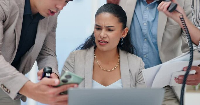 Phone call, chaos and woman with stress for business documents, report and crisis or problem. Worker in administration for multitasking, telephone and paperwork with time management and people hands