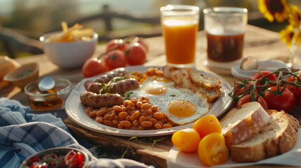 A traditional English breakfast spread with baked beans sausage links fried eggs and tomato slices all enjoyed in the tranquil setting of a sunrise picnic.