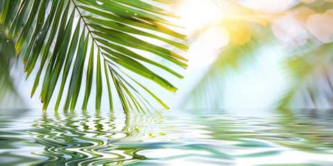 Lush green palm leaves with their reflection on the calm surface of water, depicting serenity.
