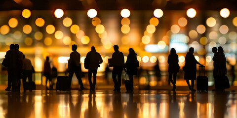 Silhouettes of passengers with luggage in an airport terminal at night, illuminated by warm lights.